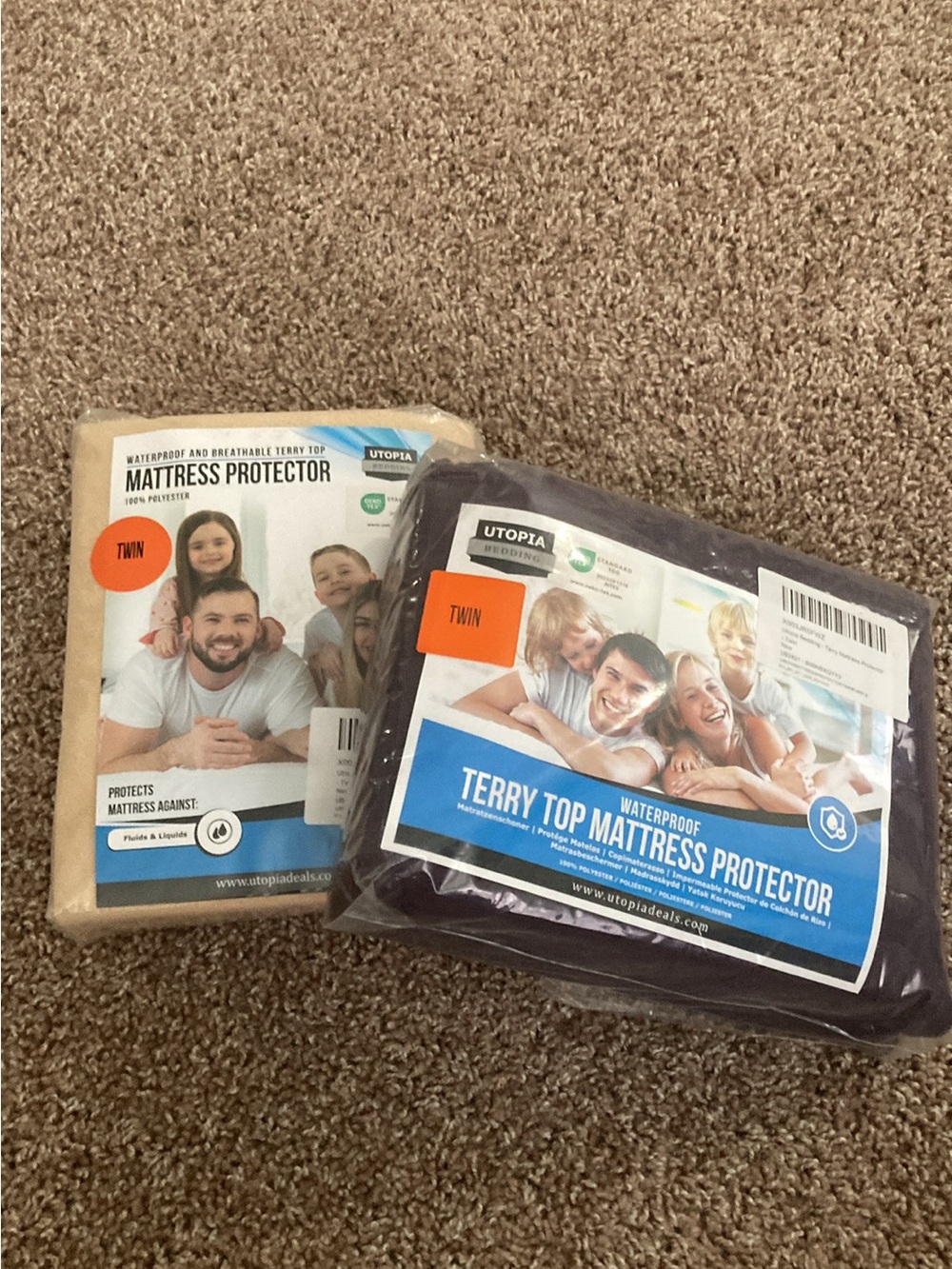2 NEW-in-pkg. Utopia TWIN Terry Top Waterproof Mattress Protectors, Tan & Purple